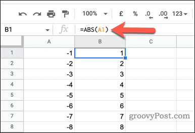 ABS-funktion käyttäminen Google Sheetsissa