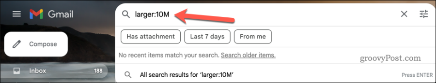 Suorita suurempi: haku Gmailin hakupalkissa
