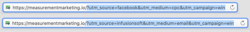 esimerkki URL-osoitteista, joihin on koodattu utm-tunnisteet koodattuina korostettujen URL-osoitteiden utm-osilla, joissa näkyy facebook / cpc ja infusionsoft / email parametreinä win-kampanjalle