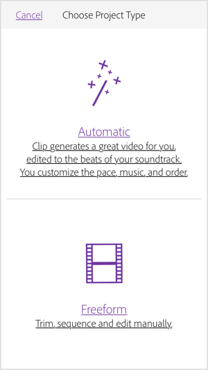 Valitse Automaattinen, jotta Adobe Premiere Clip luo videon sinulle.