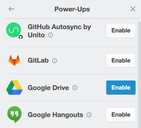 Ota Google Drive -käynnistys käyttöön liittääksesi sisältöä Google-dokumentista suoraan kortille.
