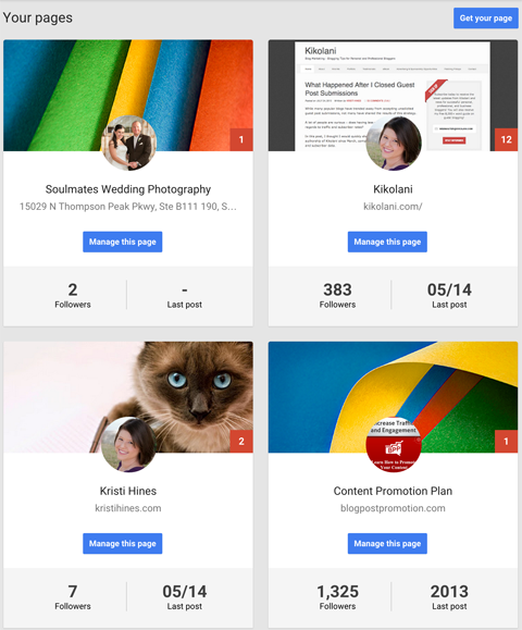 google + -sivujen hallintapaneeli