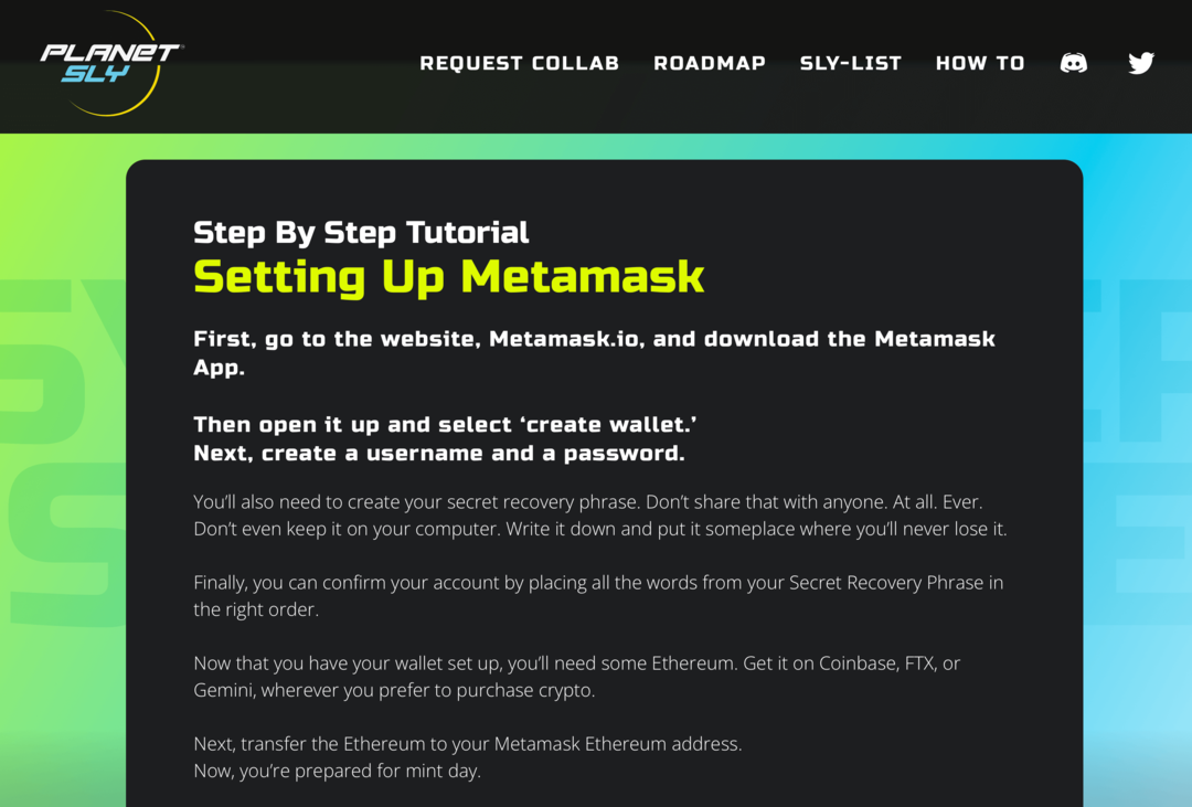 kuva Metamask-opetusohjelmasta PlanetSLY: n verkkosivuilla