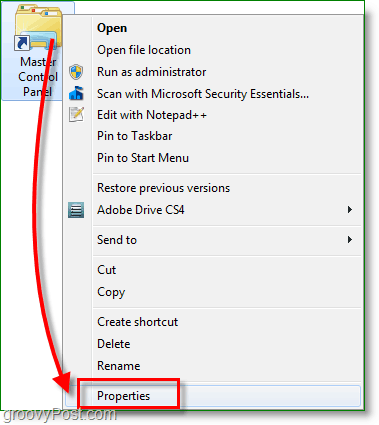 Windows 7 -kuvakaappaus - napsauta pikakuvaketta hiiren kakkospainikkeella ja siirry ominaisuuksiin