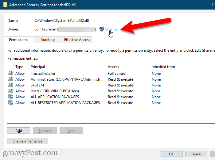 Napsauta Windowsin rekisterieditorin Advanced Security Settings -valintaikkunassa Change for Owner