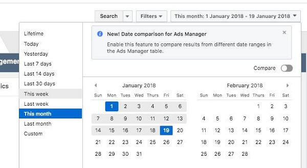 Facebook esitteli kaksi uutta raportointiominaisuutta Ads Managerissa, päivämäärävertailun ja mainosraportoinnin.