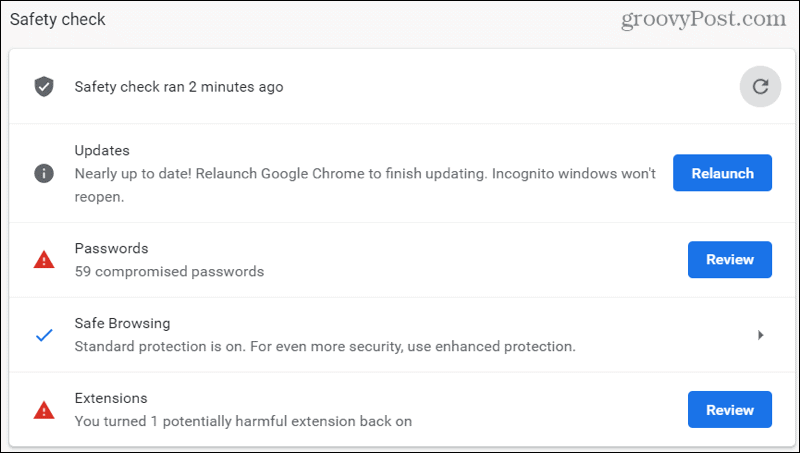 Chromen turvatarkastusten tulokset
