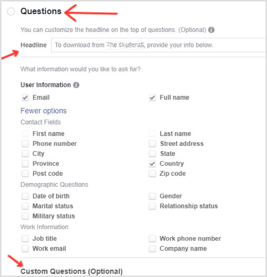 Facebookin mainosvalintakysymykset