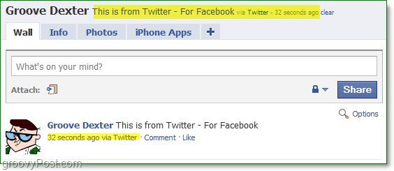 Katso facebook-profiilia, jossa tila on päivitetty twitterin avulla
