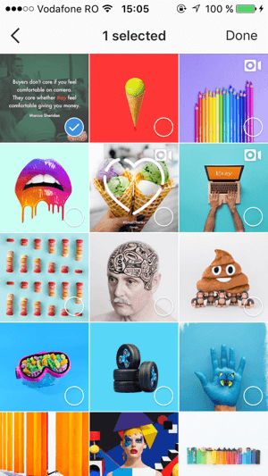 Valitse tallennetut viestit, jotka haluat lisätä Instagram-kokoelmaasi, ja napauta sitten Valmis.