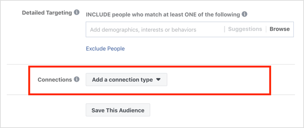 Yhteydet-osio Facebook-mainoskampanjan Yleisöt-osiossa.
