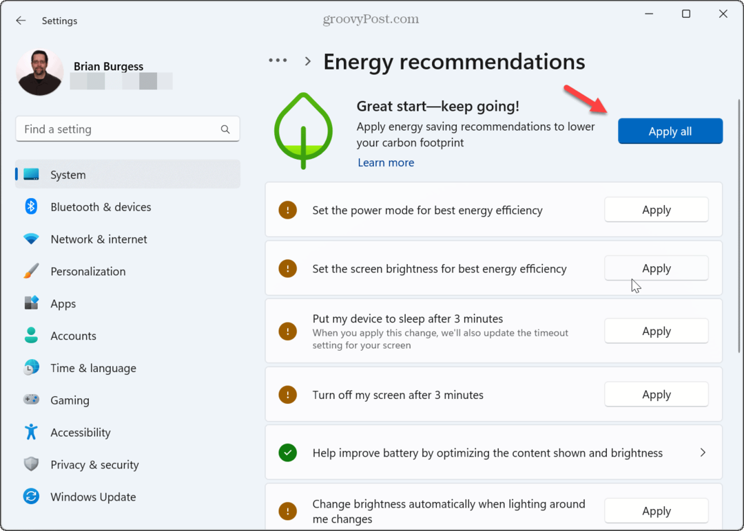 Energiasuositusten soveltaminen Windows 11:ssä