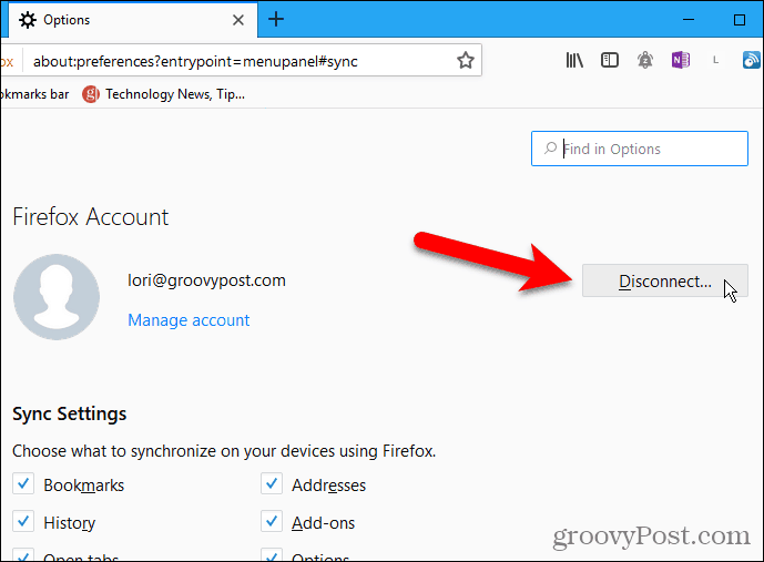 Napsauta Katkaise yhteys Firefox for Windows -sovelluksessa