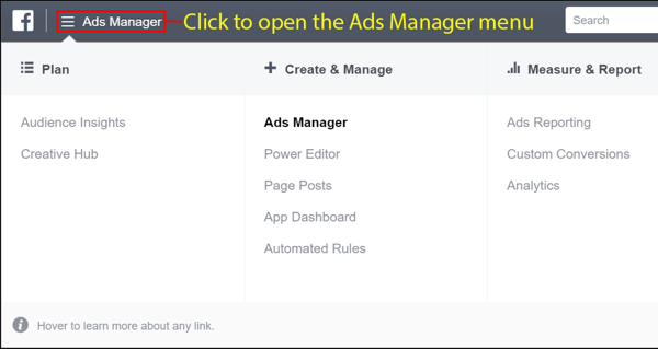 Avaa Facebook Ads Manager -valikko tilin luomisen jälkeen.