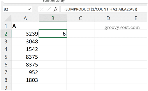 Solualueen yksilöllisten arvojen kokonaismäärän laskeminen Excelissä