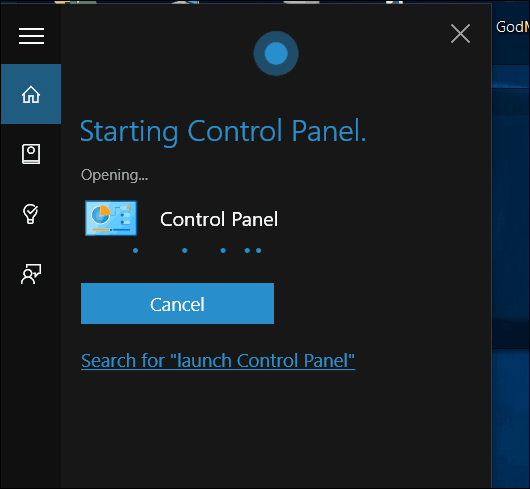 Windows 10 Cortana Avaa ohjauspaneeli