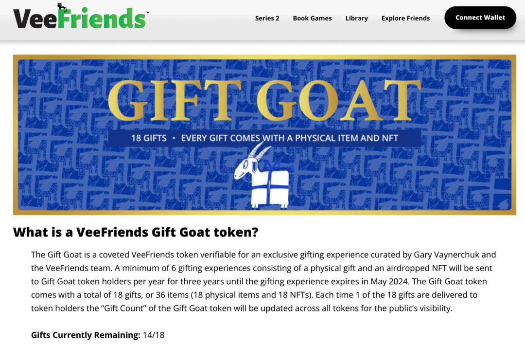 kuva käyttäjästä VeeFriends Gift Goat token etuja VeeFriends -verkkosivustolla