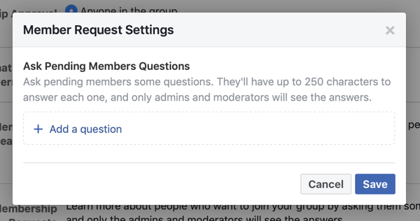 Kuinka parantaa Facebook-ryhmäyhteisösi, esimerkki Facebook-ryhmän jäsenpyyntöasetuksista, jotka mahdollistavat uusien jäsenten kysymykset