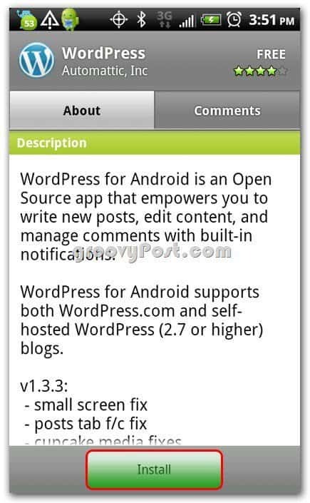 Wordpress Android-asennusnäytössä