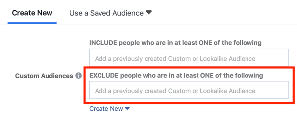 Facebook-mainosten kohdistaminen lukuun ottamatta mukautettuja yleisöjä.