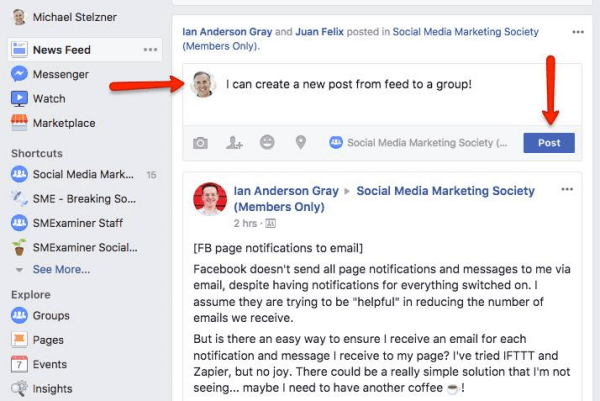 Facebook antaa käyttäjien nyt lähettää viestejä suoraan ryhmiin uutissyötteestä.