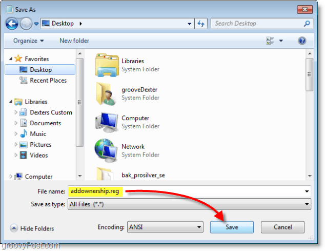 Windows 7 -kuvakaappaus - tallenna addownership.reg