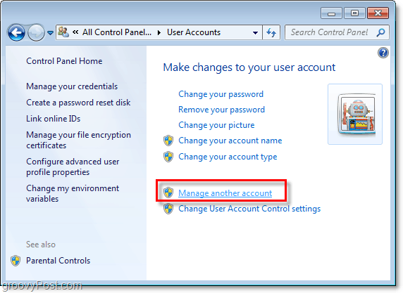 Napsauta hallitse toista tiliä Windows 7 -käyttäjätilisivulta