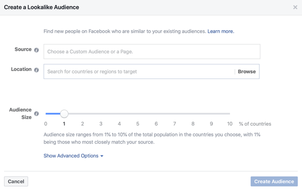 Mahdollisuus luoda 1%: n näköinen yleisö Facebook-mainoksillesi.