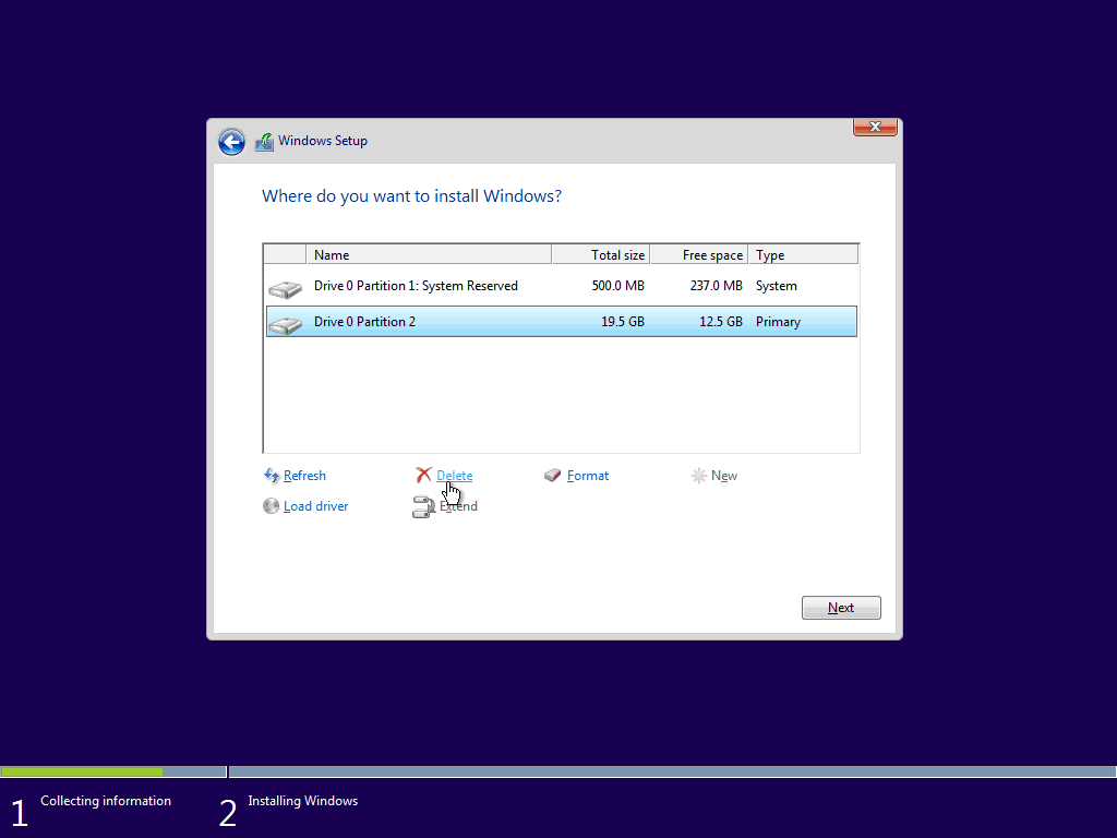 05 Poista nykyinen ensisijainen osio Windows 10 Clean Install