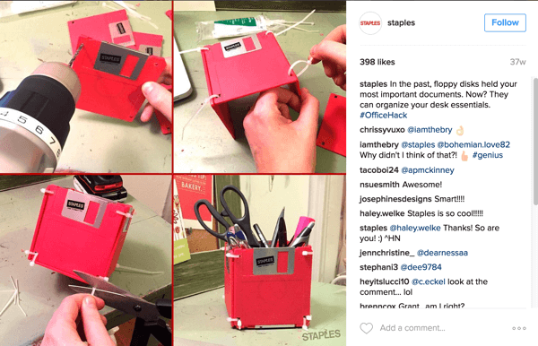 Tämä Staplesin Instagram-valokuvakollaasi näyttää älykkään tavan levykkeiden käyttämiseen työpöydän lisävarusteena.