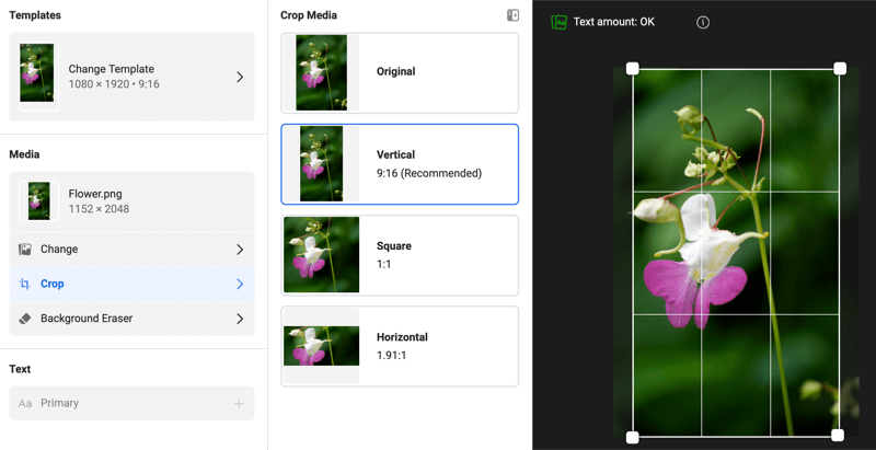 Instagram-tarinoiden mainosmallien valintaikkuna, joka näyttää muokkausvaihtoehdot