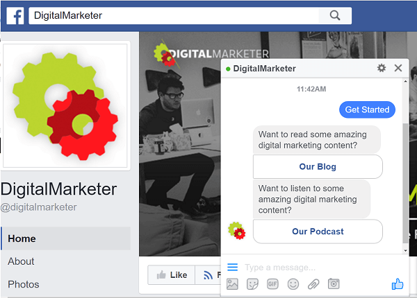 DigitalMarketer käyttää ManyChat-botteja vuorovaikutuksessa Facebook Messengerin kautta.