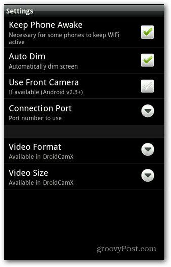 DroidCam Android-sovelluksen asetukset