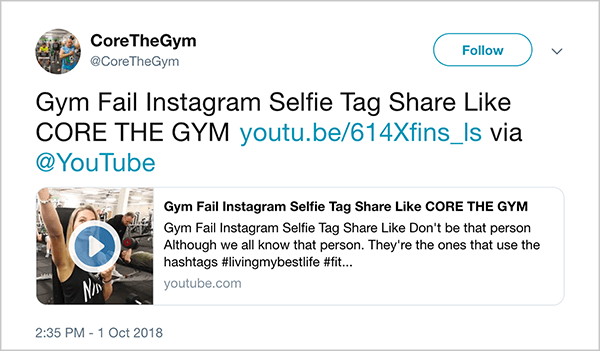 Tämä on kuvakaappaus @CoreTheGymin tweetistä. Twitterissä lukee ”Gym Fail INstagram Selfie Tag Share Like CORE THE GYM” ja linkki YouTube-videoon. Videokuvaus on ”Älä ole kuin kyseinen henkilö. Vaikka me kaikki tunnemme kyseisen henkilön. He käyttävät hashtageja #livingmybestlife. Videon linkki on youtu.be/614Xfins_ls.