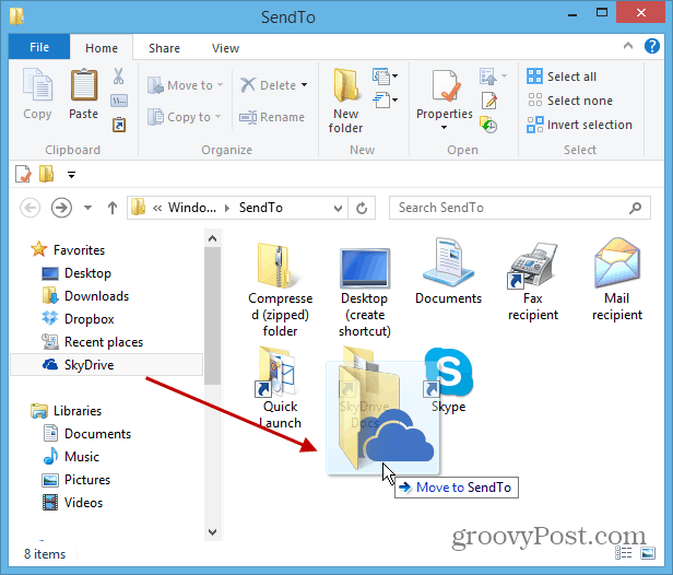 Lisää SkyDrive Windowsin hiiren kakkospainikkeella Lähetä valikkoon