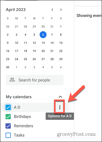 Google-kalenterin kolmen pisteen kuvakkeen kuvakaappaus