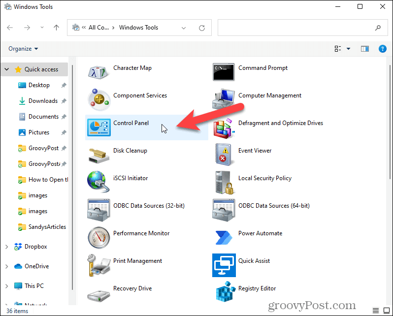 Avaa Ohjauspaneeli Windowsin työkaluissa