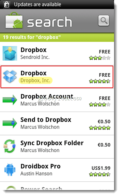 Android Dropbox-hakuvalikko