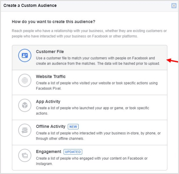 Luo Facebook luoda mukautettu yleisö sähköpostilistasi perusteella.