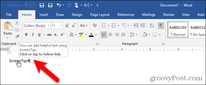 Kirjanmerkki piilotettu eikä Ctrl + napsauta Wordin ScreenTip-ohjelmassa