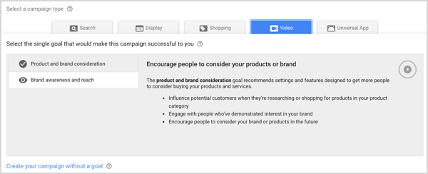Tuotemerkkitietoisuus ja tavoittavuus -kampanjatyyppi Google AdWordsissa.