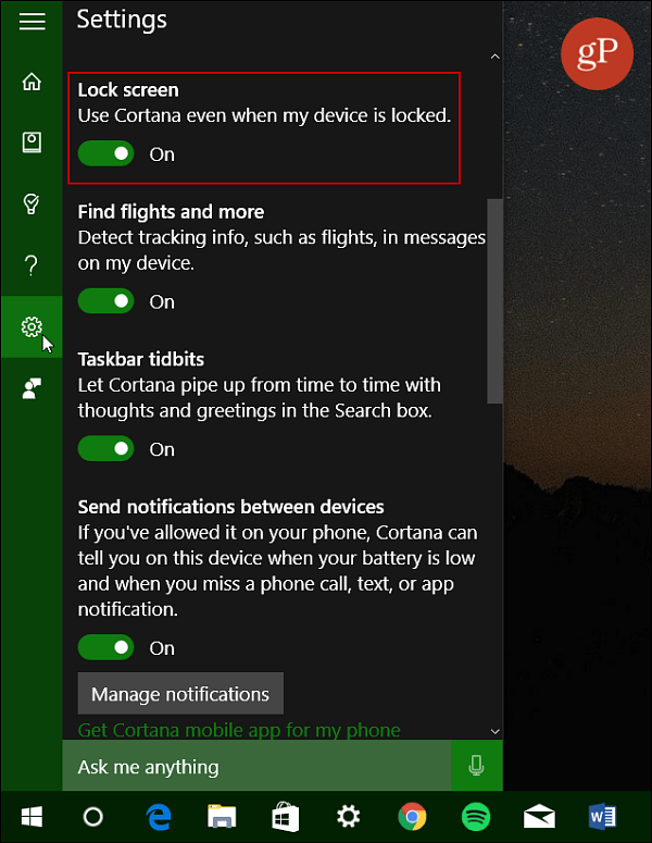 Käynnistä Cortana Lock Screen Windows 10
