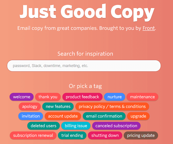 Just Good Copy antaa sinulle näytteitä sähköposteista, jotta pääset alkuun.