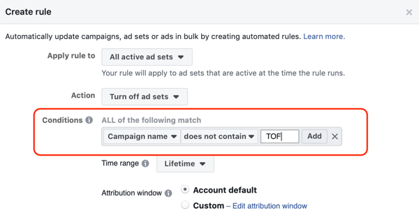 Käytä Facebookin automaattisia sääntöjä, lopeta mainosten asettaminen, kun ROAS laskee alle minimitason, askel 2, aseta ehdot