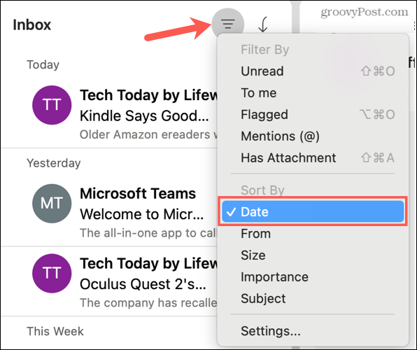 Lajittele päivämäärän mukaan Macin Outlookissa