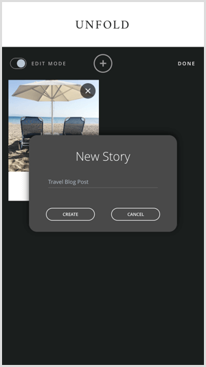 Napauta + -kuvaketta luodaksesi uuden tarinan Unfold-toiminnolla.