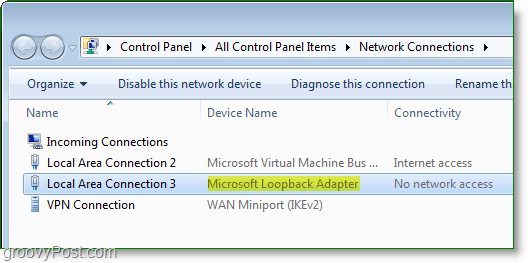 Windows 7 -verkkosivunäyttö - Microsoft Loopback -sovitin, joka näkyy verkkoyhteysikkunassa