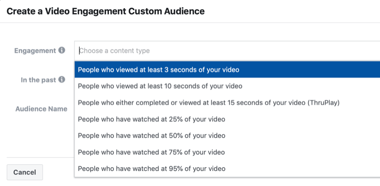 Luo Video Engagement Custom Audience -asetusikkuna