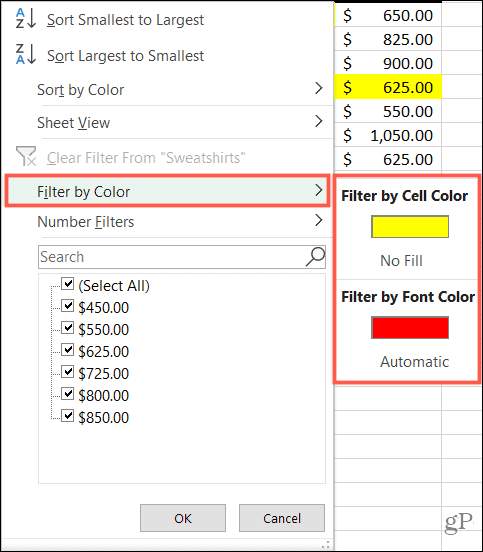 Suodata värin mukaan Excelissä