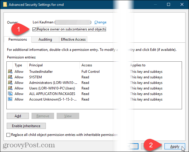 Napsauta Käytä Windowsin rekisterin Advanced Security Settings -valintaikkunassa
